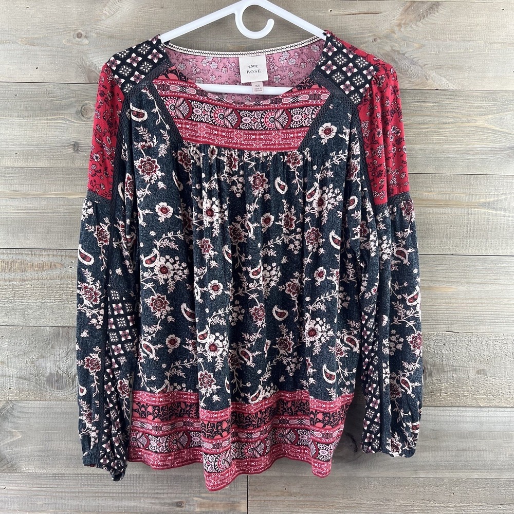 Knox Rose Womens Shirt Long Sleeve Round Neck Floral Peasant Boho Size XS